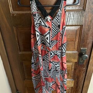 Como Vintage Geometric Asymmetrical Dress in Black, White, and Coral
